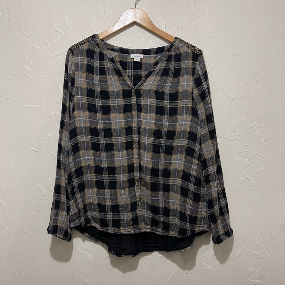 Sundance black/beige plaid silk appliqué button up blouse (large)
